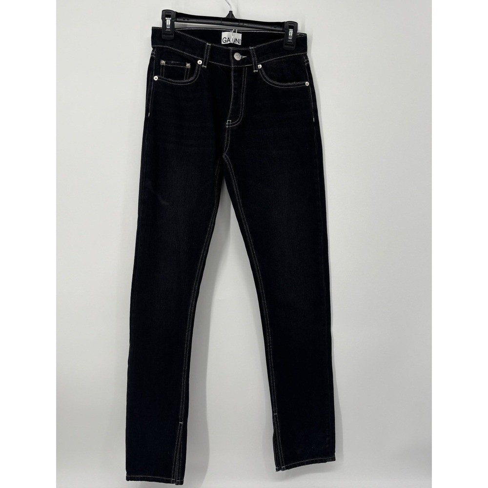 GANNI Black Wash Button Fly Inner Ankle Splits Straight Leg Jeans Womens 25x32